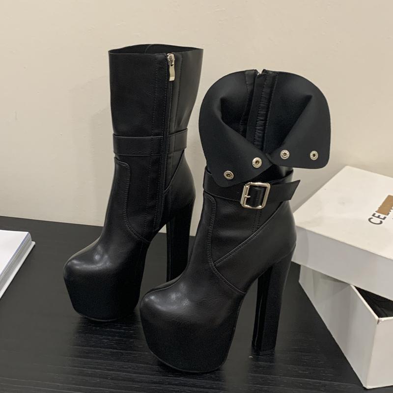 Eilyken Klobige Plateauschuhe mit runder Zehenpartie, Knöpfen und Reißverschluss für Damen-Knöchelstiefel, Streetstyle, super eckige hohe Absätze, Damenschuhe