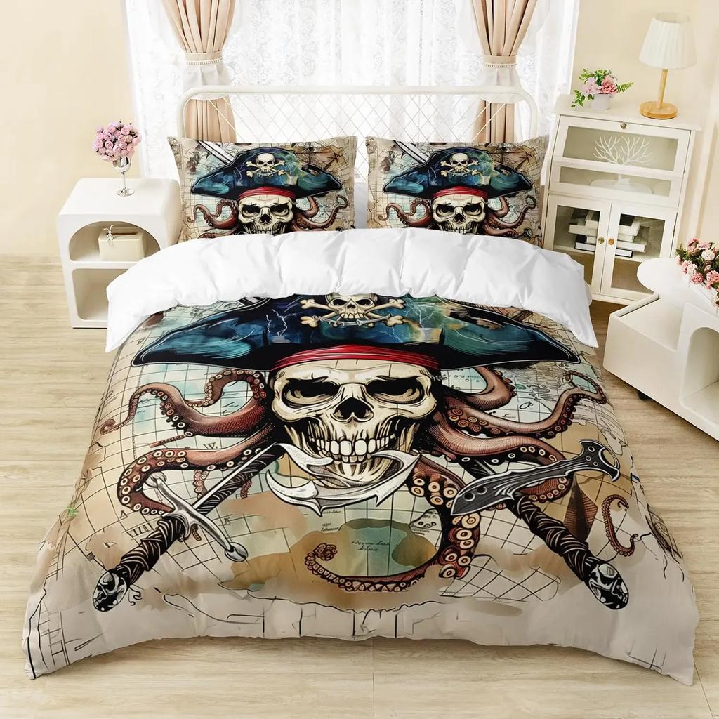 Pirates Skull Duvet Cover Sets For Boys Kids Men Teen Queen Lightweight Bedding Sets Nautical Bedding Set Bedroom Decor No Quilt