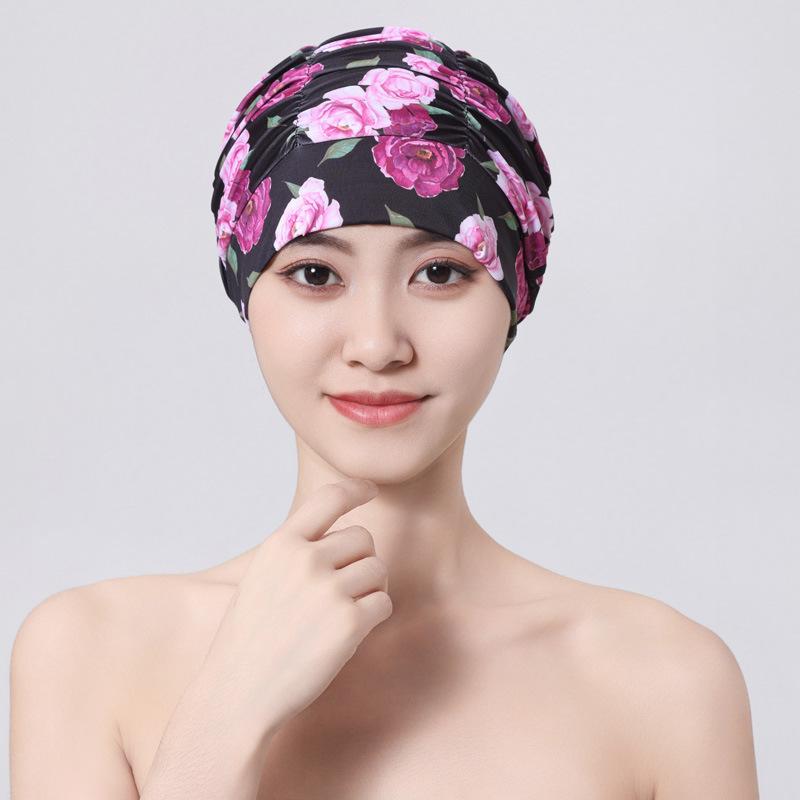 Damen Bunte Bedruckte Bandana Schwimmkappe Wasserdichtes Elastisches Material Langhaarfreundlich Schwimmen am Meer Strandzubehör