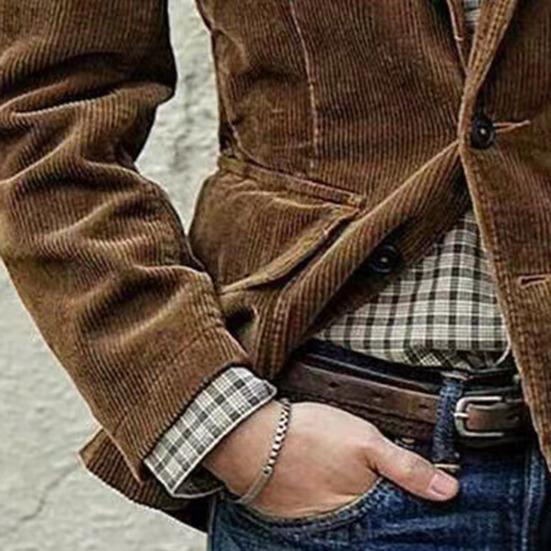 Long Sleeve Flap Pockets Single Breasted Men Jacket Autumn Winter Corduroy Lapel Office Suit Jacket