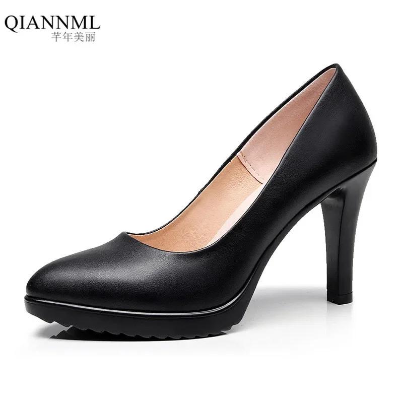 8cm Small Size 32-43 Fashion Elegant Black Leather Shoes Women Pumps 2025 Fall High Heels Shoes Platform for Office Dress Court