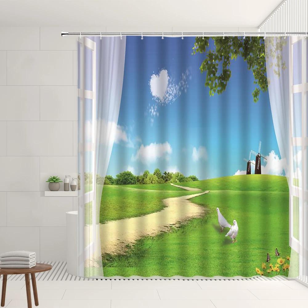 Ocean Scenery Shower Curtain Sets Beach Sail Starfish Boat Seagull Palm Tree Green Grassland Pattern Bathroom Decoration Screens