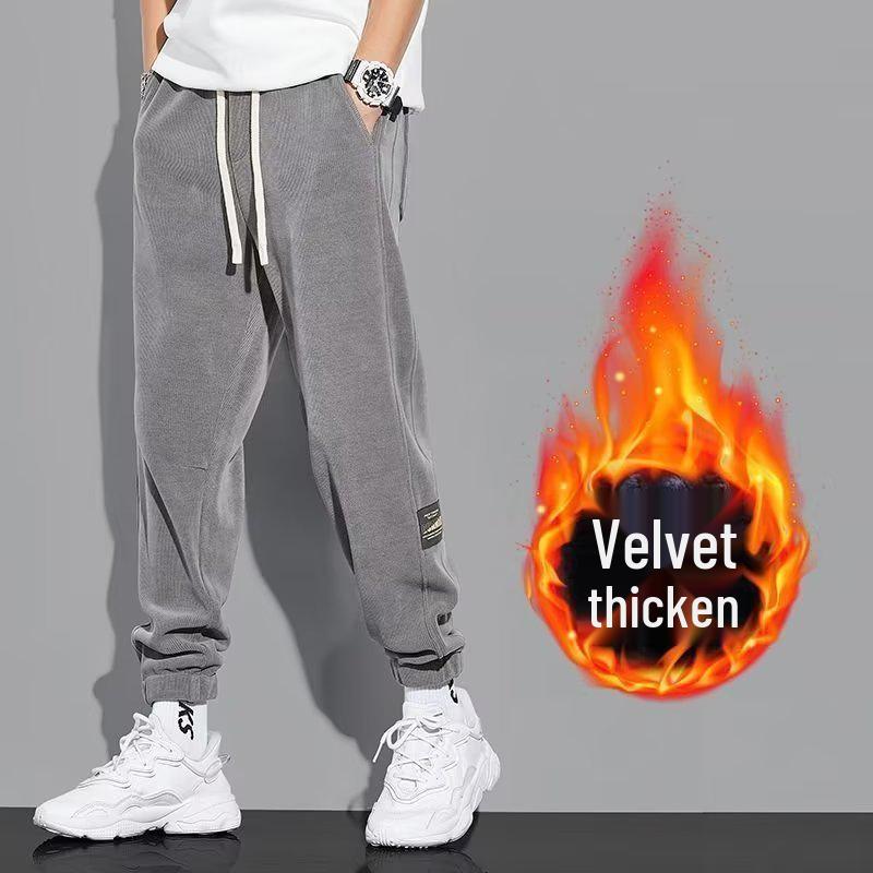 Men's Thickened Fleece-Lined Casual Pants, Drawstring Ankles, Loose Fit, Trendy Autumn/Winter 2023 Style.