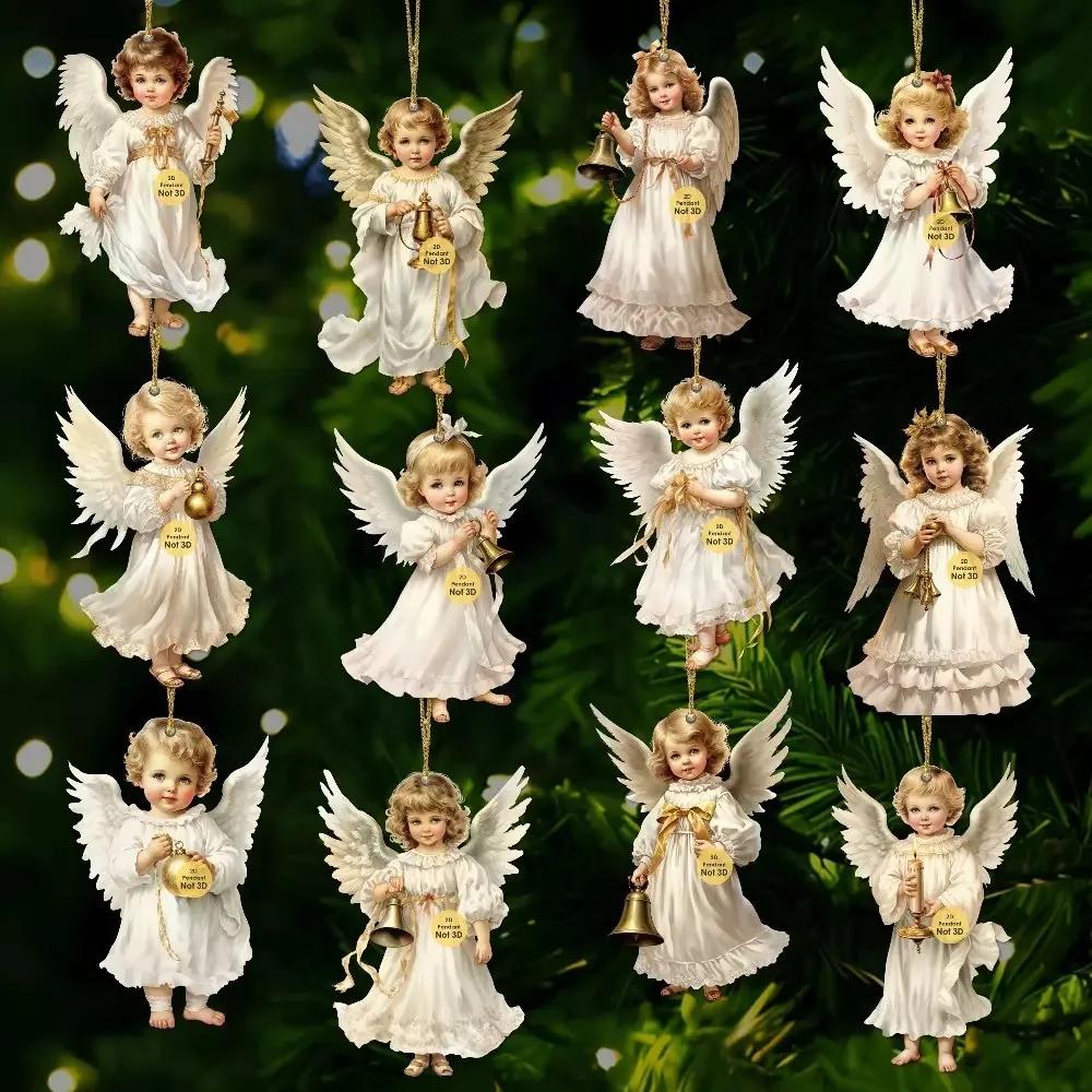 12 stk. Vintage Juleengel Trævedhæng, Kunstige Træ Ophængsornamenter, Perfekt til Hjemme- & Udendørs Feriedekoration