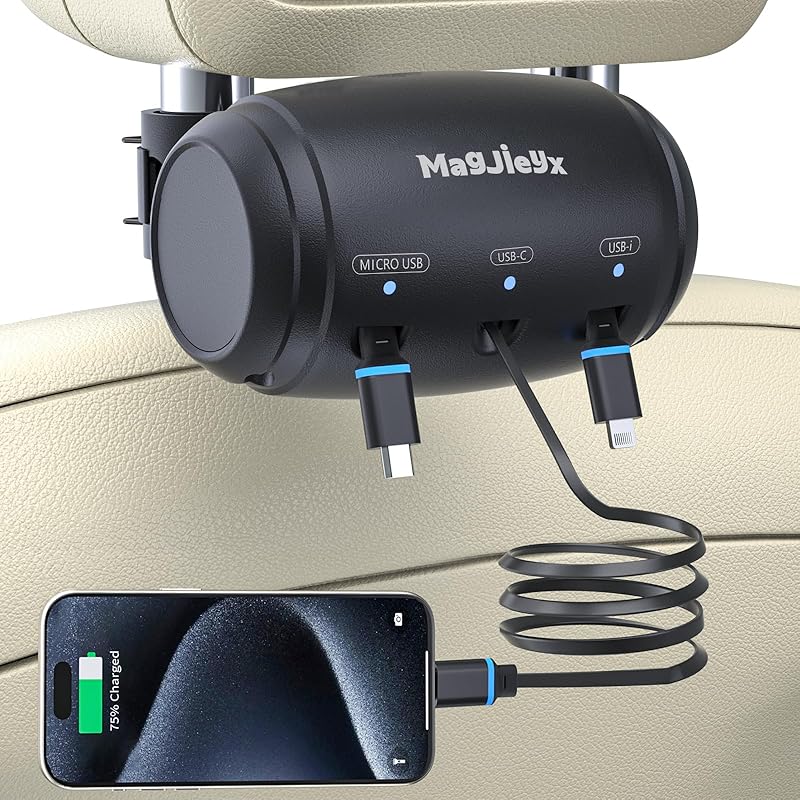 Multi Retractable Car Charging Station Box, 3 in 1 Headrest Fast Power Charging Dock Cord USB Type C Fits iPhone 16/15/14/iPad/Android/Samsung|Uber