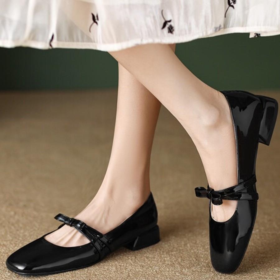 Low heel thick heel bow Mary Jane shoes women's 2025 spring and autumn new patent leather light mouth single shoes