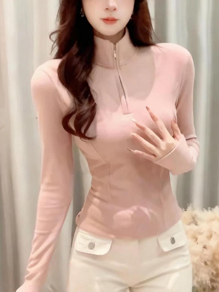 Women's Slimming Half-Zip Lapel T-Shirt - American Minimalist Style for Autumn/Winter