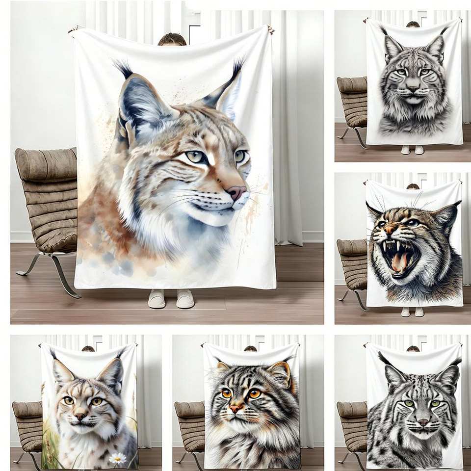 Cute Wild Animal Forest Lynx Throw Lightweight 240g Flannel Blanket Soft Skin-friendly for Summer Cooling