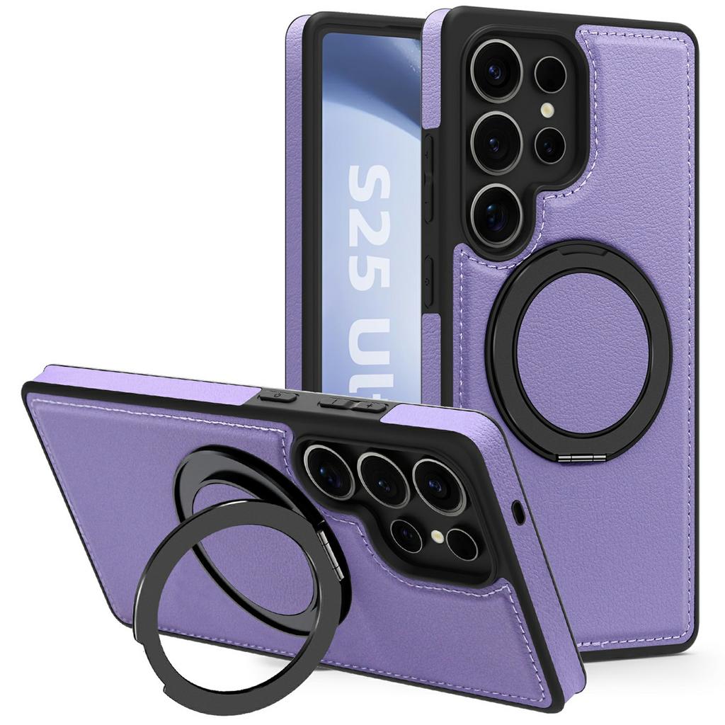 For Samsung Galaxy S25 Ultra Case with Ring Kickstand Magnetic Case PU Leather Back Cover
