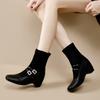 Vintage Square Head Rhinestone Buckle Elastic Boots Women's Slope Heel Skinny Boots Leather Cloth Splicing Medium Tube Mary Jane Boots Autumn Boots