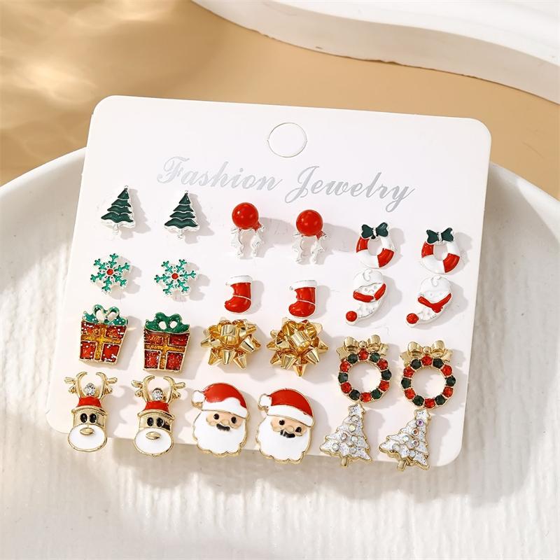 12 Pairs Christmas Enamel Santa Claus Snowflake Earrings Set for Women Zircon Christmas mas Tree Earring Party Jewelry Gift