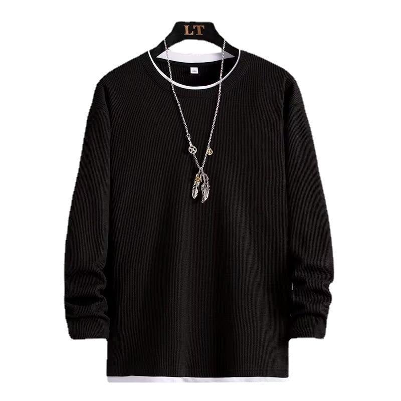 Sweater Men's Waffle Fake Two Long-sleeved Spring and Autumn Loose Top, Wearing a Bottoming Shirt Outside and a New Casual T-shirt Inside.
