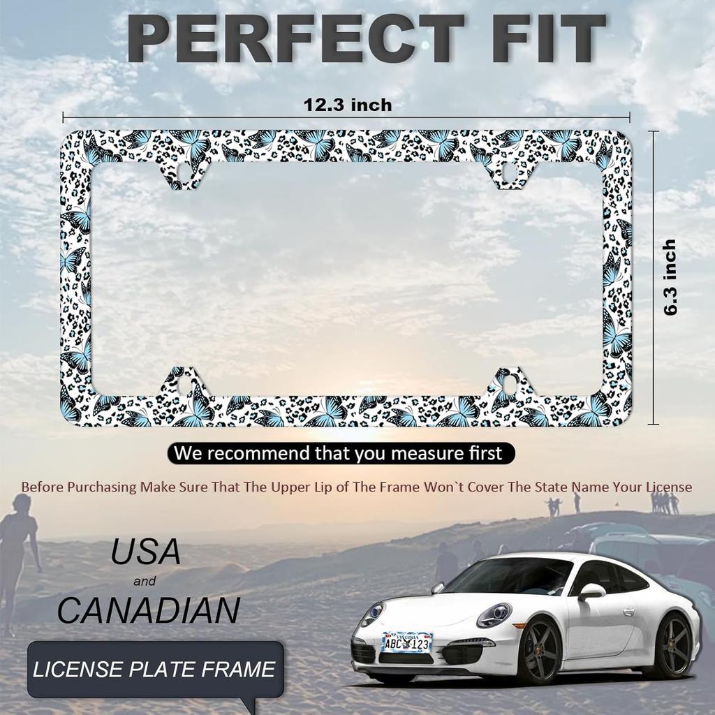Blue Butterflies Leopard Print Cute License Plate Frames 4 Holes, Stainless Steel Personalized License Plate Cover Holder Car Accessories Decor With