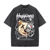 2026 Vintage Washed Beige Mechanical Bear Happiness Letter Graphic T Shirt Street Graffiti Print Oversized Casual Short Sleeve T