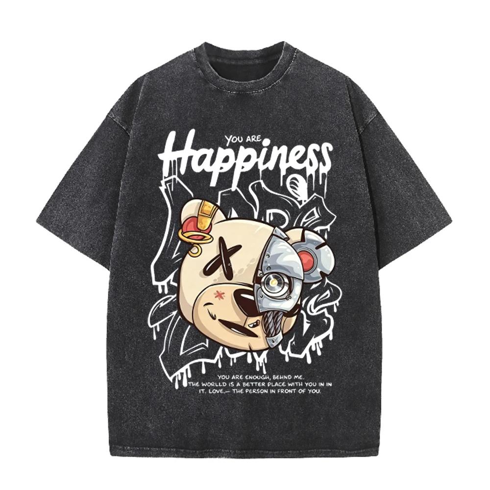 2026 Vintage Washed Beige Mechanical Bear Happiness Letter Graphic T Shirt Street Graffiti Print Oversized Casual Short Sleeve T