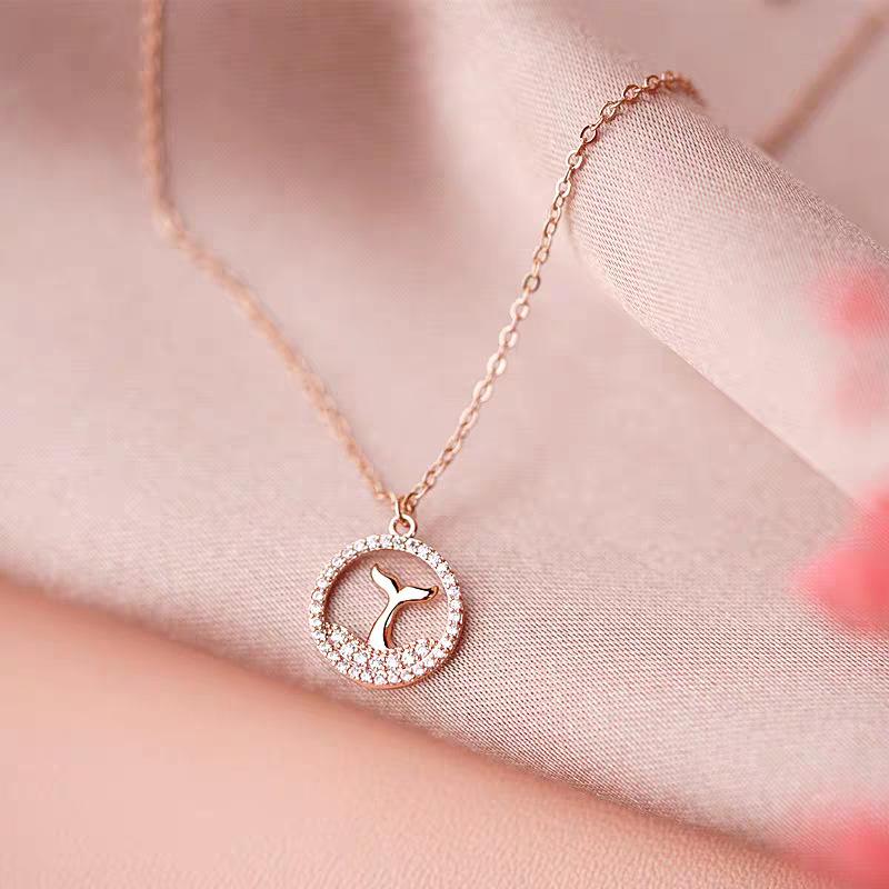 Women’s 925 Sterling Silver Mermaid Tail Necklace with Diamond-Inlaid Clavicle Chain & Round Dolphin Pendant 925 Silver