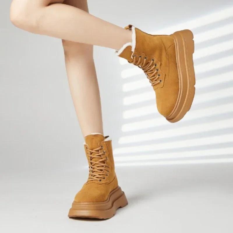 Winter Warm Boots Women 2024 New British Style Lace Up Women's  Non-slip Thick Sole Motorcycle  Fashion Hiking