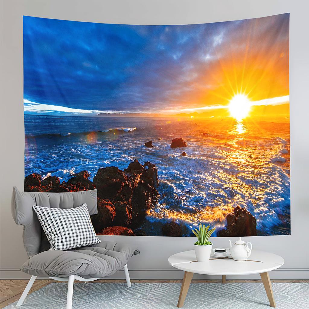 Sunset Beach Tapestry Ocean Waves Tapestry Golden Sky Tapestry Home Living Room Bedroom Dorm Wall Hanging Decorative Blanket