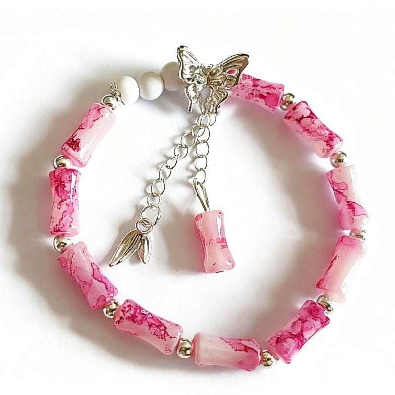 Bamboo Style Butterfly Milky Pink Bead Elastic Bangles Girl Bilezik Bracelet Women Jewelry Pulseras