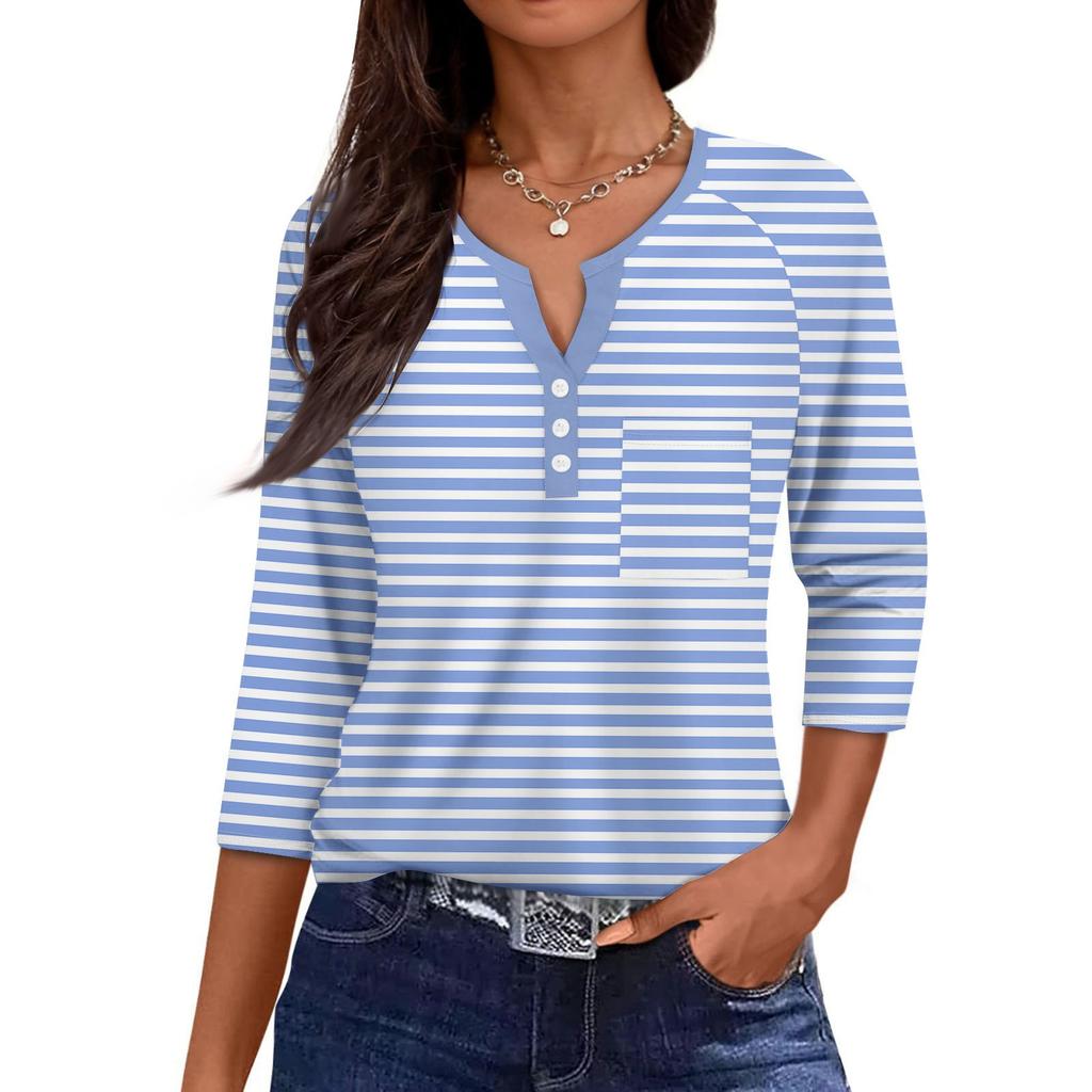 Ladies Casual Fashion V-neck Loose Versatile Striped Print Three-quarter Sleeves