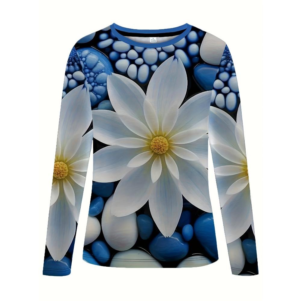 Women's Floral Print Long Sleeve T-Shirt Regular Fit Round Neck Tee for Spring Machine Washable All-Season Top