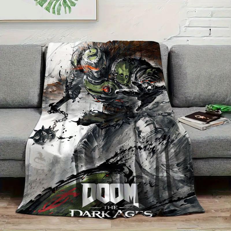 1Pc DOOM Print Flannel Blanket, High quality Comfortable for All Seasons, Home Decor, Warmth and Comfort, Perfect for Christmas Gifts
