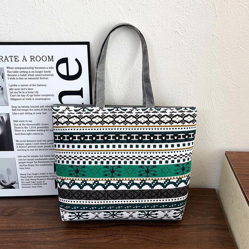 Ethnic Style Canvas Tote Bag With Print Large Capacity For Daily Use