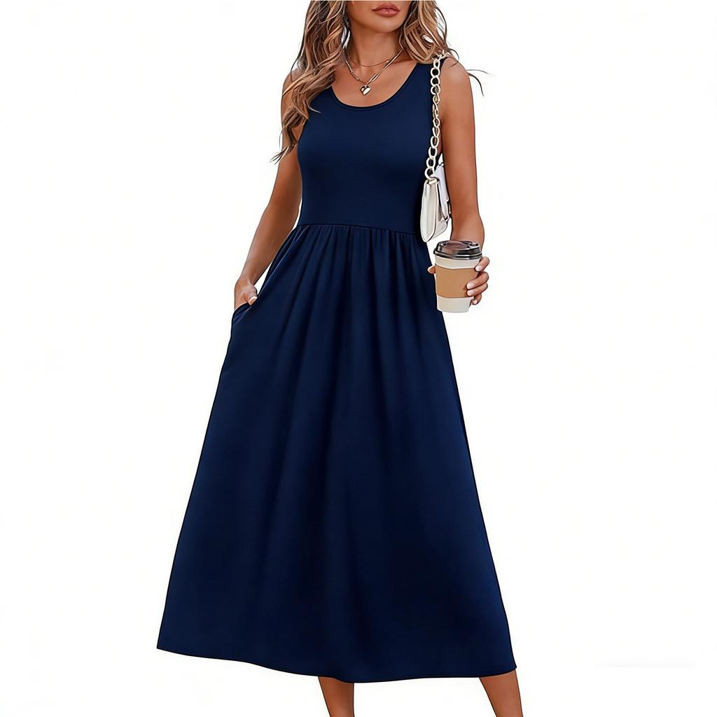 Women's clothing summer European and American neck printing pendulum sleeveless vest pocket dress