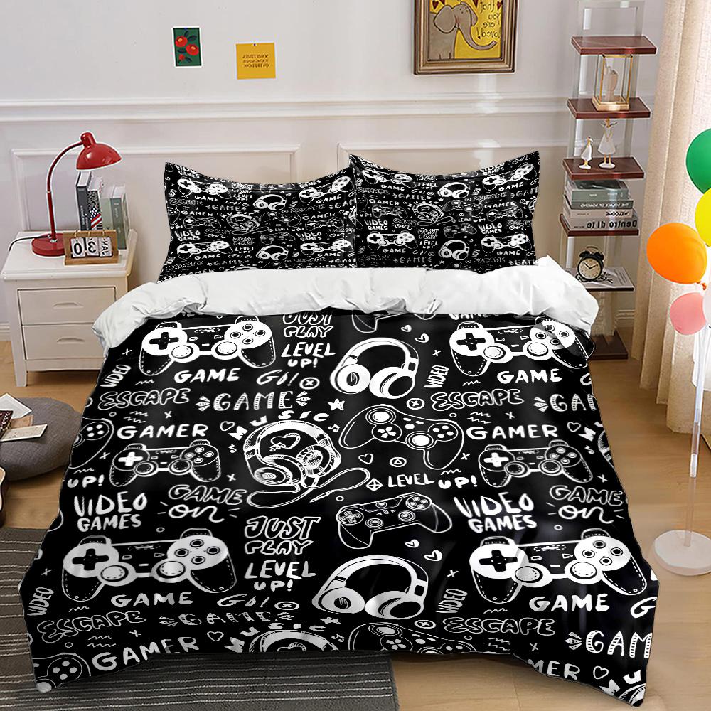 Gaming-Themen-Doodle-Design Bettwäsche-Set Für Kinder Luxusgeschenk 3-teiliges Digitaldruck-Bettdecken-Set Weich Bequem Atmungsaktiv