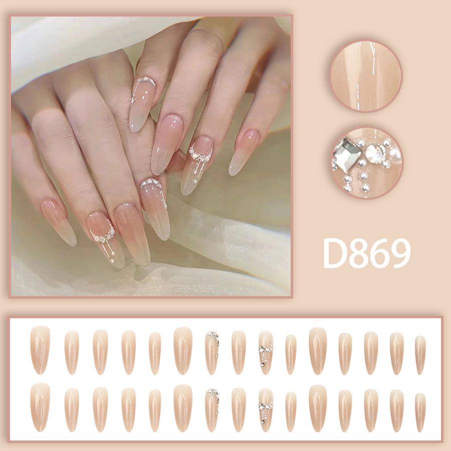 White Moonlight Almond Bling Nails: Nude Pearl Flower Rhinestone Art, 30pcs Set