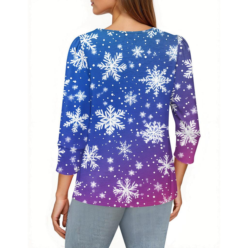 Women's Fashion Casual 3/4 Christmas Print Color Shirt Women's Round Neck Tops