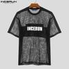 INCERUN Men O Neck Short Sleeve Letter Print Fishnet Mesh Sheer T-Shirts Tops