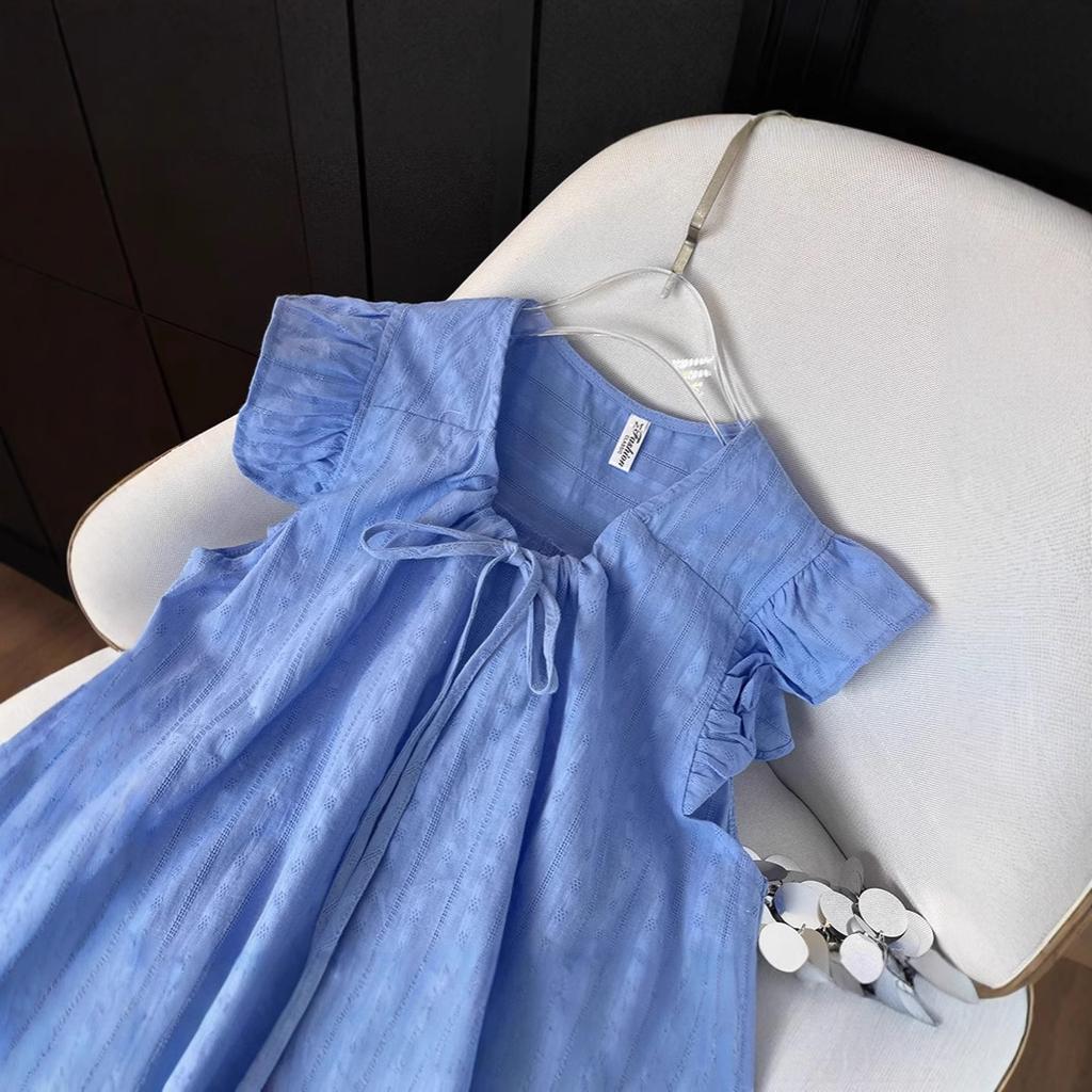 French v-neck fungus edge small flying sleeve shirt women's summer design sense niche chic lace-up loose doll shirt top