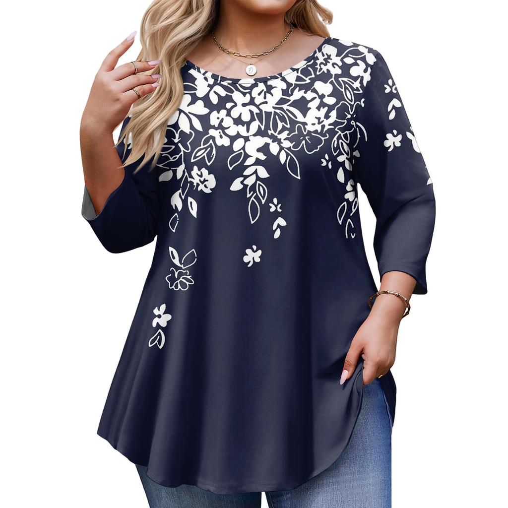 Top Moda da Donna Stampa Floreale Taglie Forti Manica 3/4 Orlo Arrotondato Girocollo
