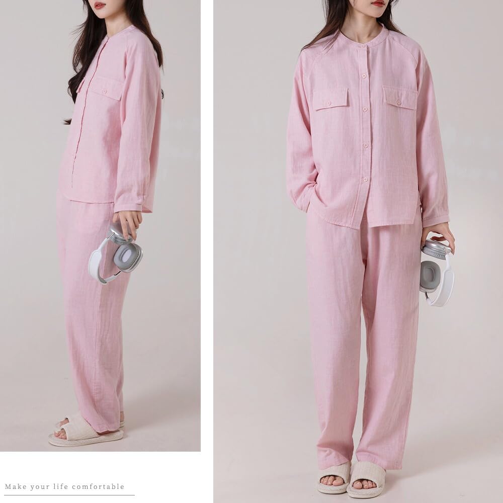 Yes Family Double Gauze Pajama Long Front Light XL Women's Set, 100% Cotton, Sleeves, Opening, Loungewear, Pink,
