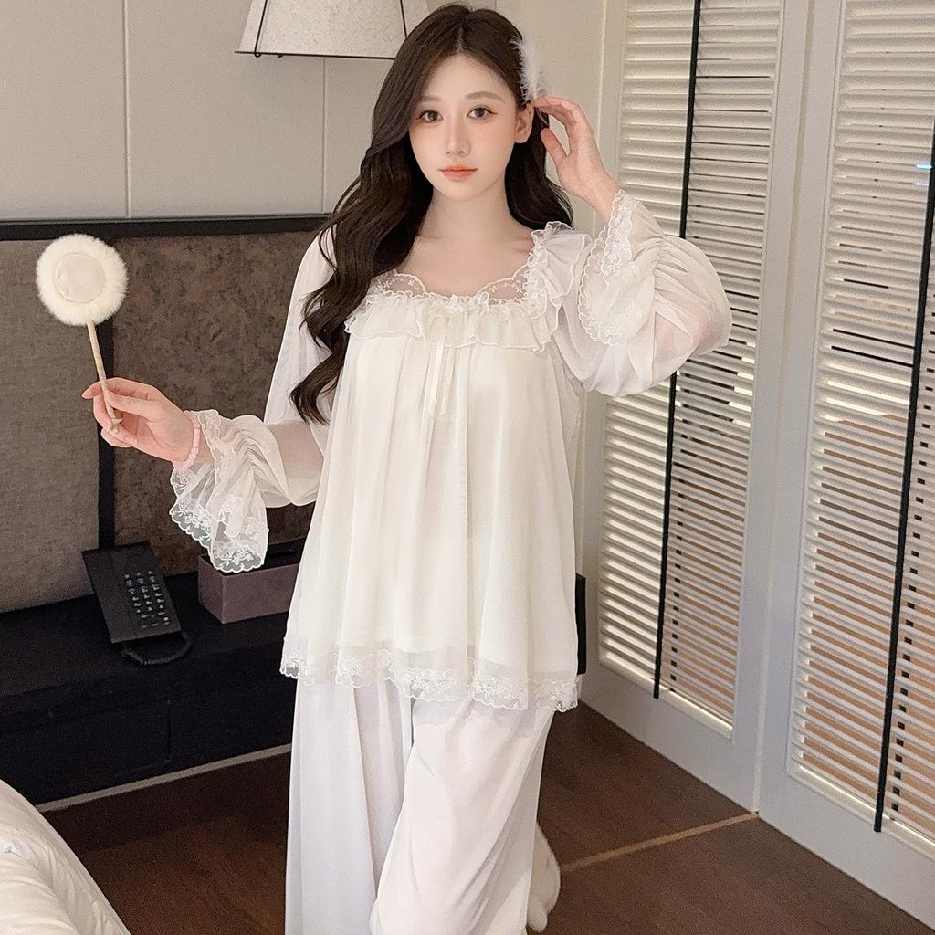 Autumn long-sleeved pajamas women's with chest pads, mesh, sweet lace princess style trousers set, loungewear