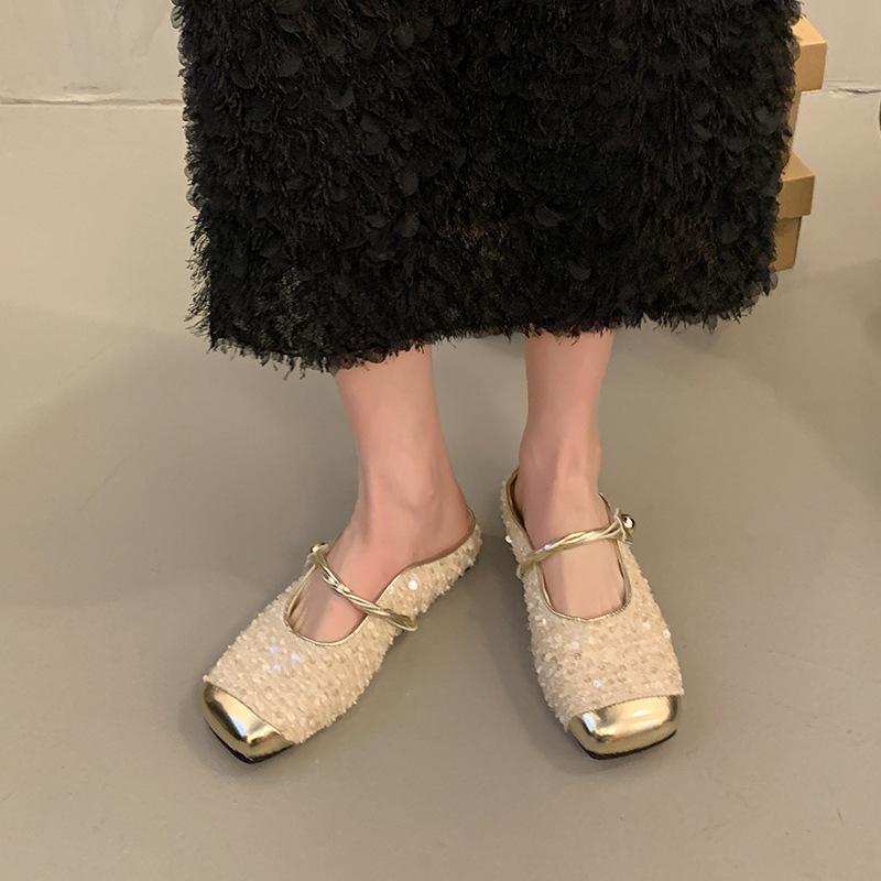 Flat heel bag head Mary Jane cool slippers women's 2025 new sequined Buling temperament sandals with skirt half slippers