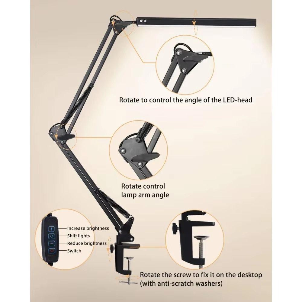Dimmable LED Desk Lamp with Clamp Adjustable Clip Swing Arm Desk Lamp Folding Clip on Light  Office