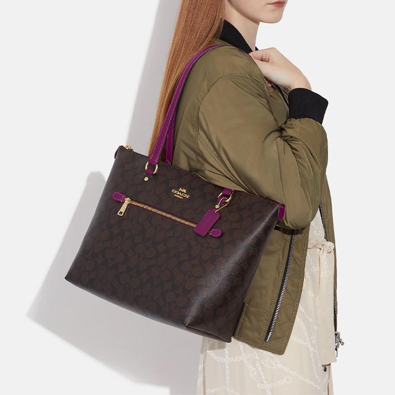 New COACH Gallery Coated Canvas With Leather Tote Bag Shopping Bag Handbag Shoulder Bag Large Size Women's Brown & Dark Red 79609-IMV7U
