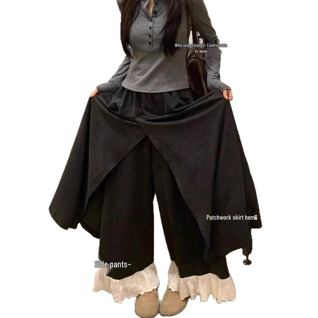 Patchwork Lace Trim High-Waisted Woolen Wide-Leg Pants for Women - Autumn/Winter Plus Velvet Casual Loose Fit.