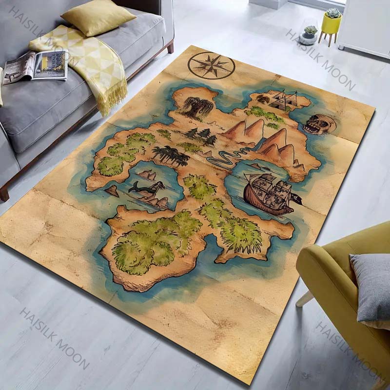 1PC Vintage Pirate Treasure Map Print Carpet for Bedroom Living Room Bedside Sofa Floor Mat Modern Home Decor Area Rug