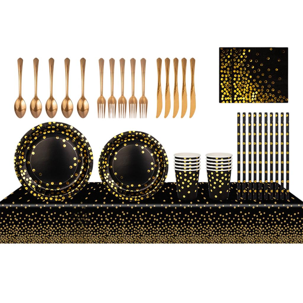 Black And Gold Themed Birthday Party Disposable Paper Plate Tableware Tablecloth Set Knife, Fork And Spoon