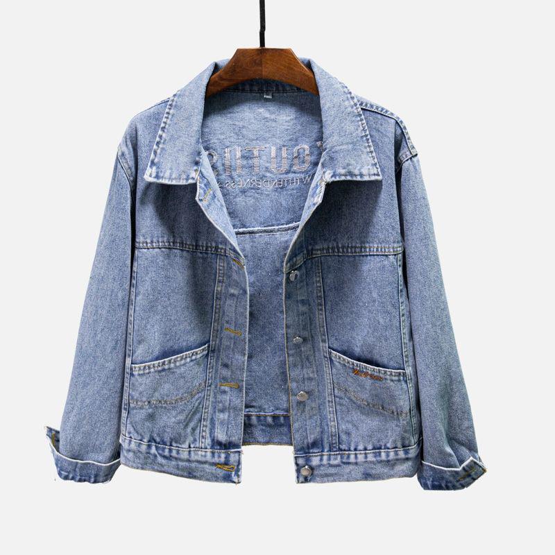 Women's Korean Style Embroidered Denim Jacket - Slimming, Loose Fit, Solid Black, Spring/Autumn Trend