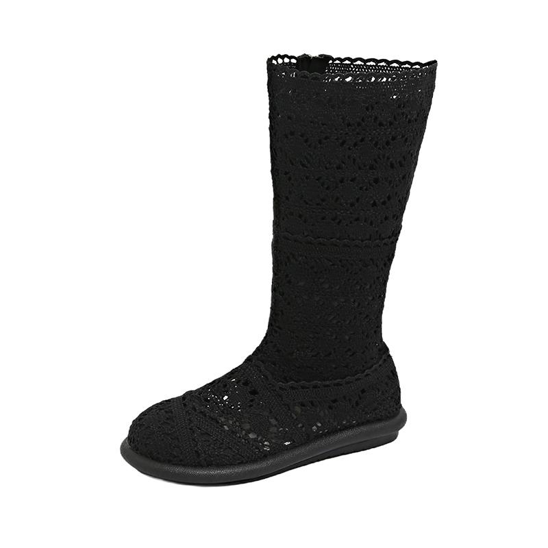 Mode Mode Mesh Hohe Kalte Stiefel Damen Sommer Runde Zehe Seitenreißverschluss Dünner Ausschnitt Baumwoll- und Hanfstil Niedrig Absatz Stiefel