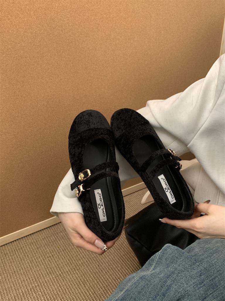 Französische Retro-Samt-Mary-Jane-Ballerinas mit doppelter Schnalle, Damen 2025 neu, Nischen-Allrounder, Oma-Schuhe