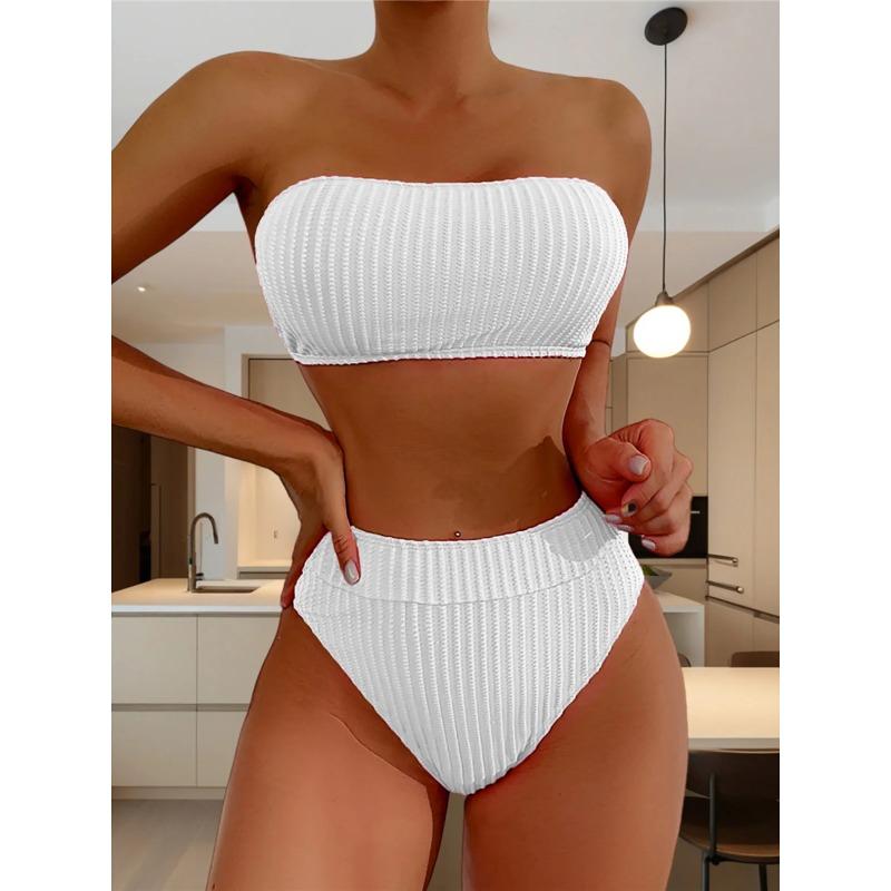 S - XL Bandeau Wrinkled Female Swimsuit High Waist Bikini Women Swimwear Two-pieces Bikini Set Bather Bathing Suit Swim
