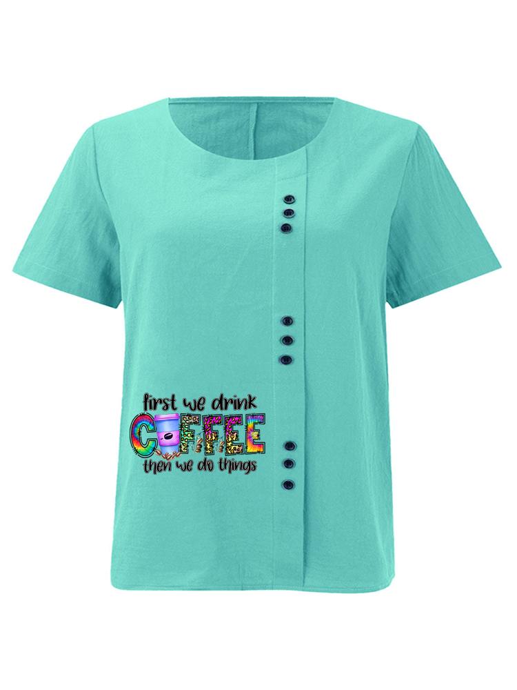 Women's Fashion Coffee Alphabet Print Printing Shot Sleeve T-shirt Loose Cotton Shirt Casual Loose Summer Plus Size Blouse Tops