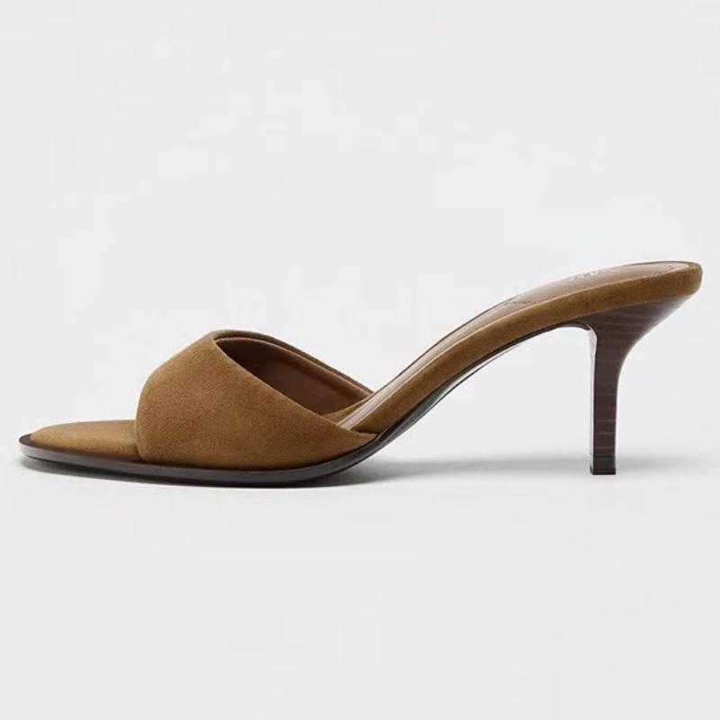 Fashion High Quality Brown Satin Slippers Women Fashion Pointed Toe Thin Heel Slide Sandals Comfort Concise Designer Shoes Zapatos Mujer