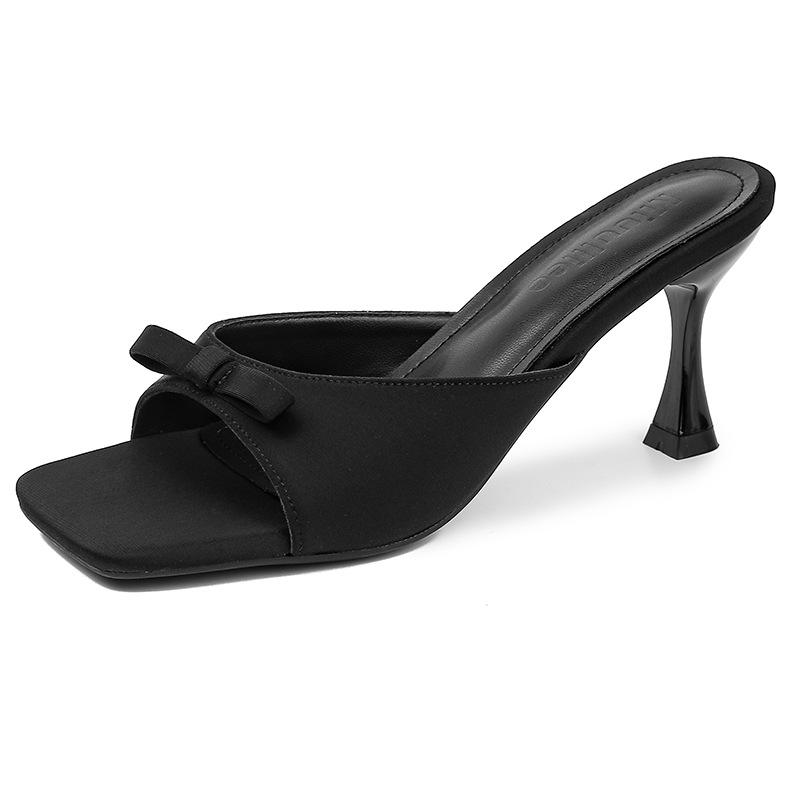 Square Toe 6cm/8cm High-heeled Sandals, Straight Drag Bow Sandals For Women