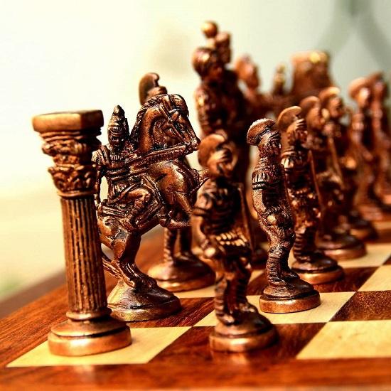 Brass Roman Chess Set with Wooden Board